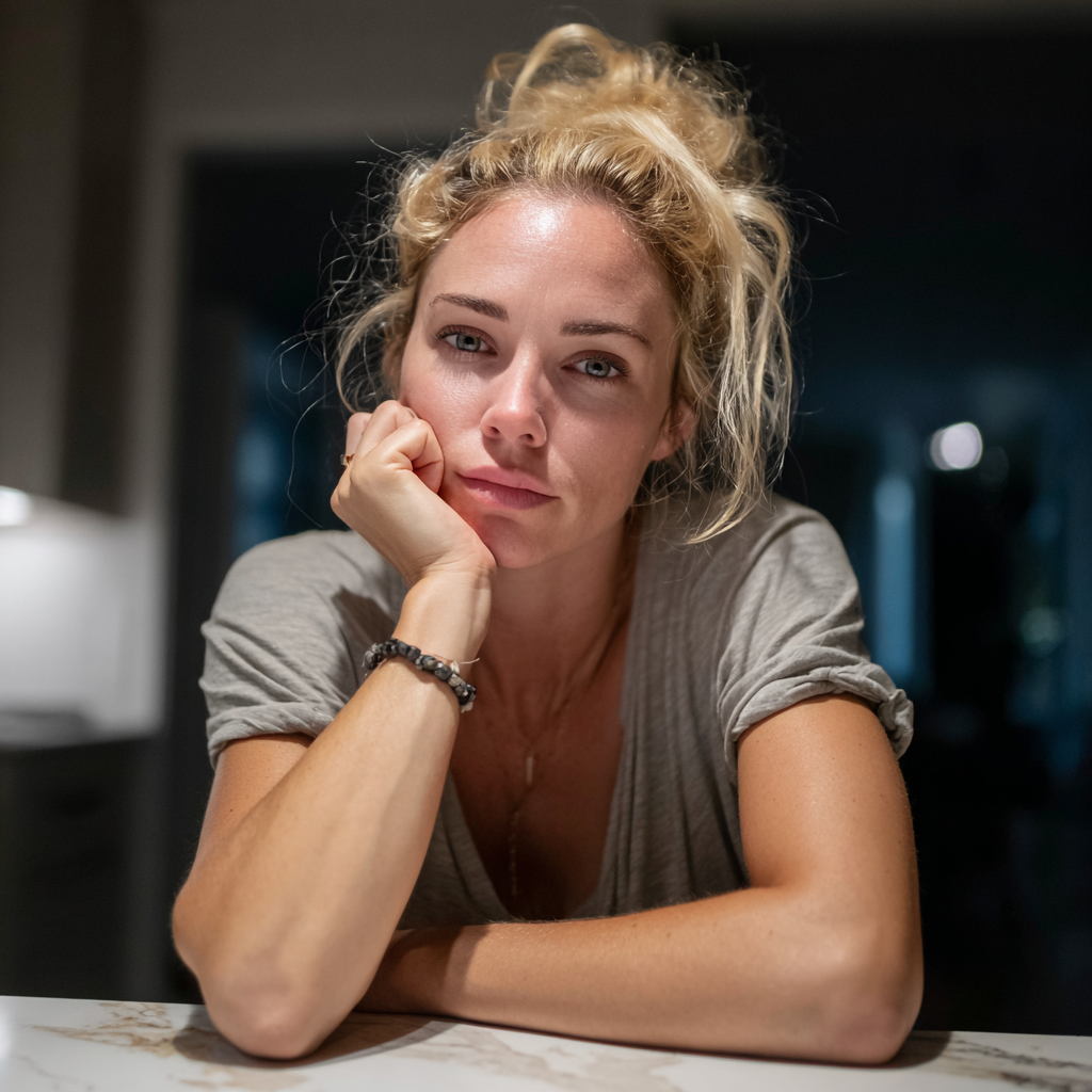 Una mujer pensativa sentada a una mesa | Fuente: Midjourney