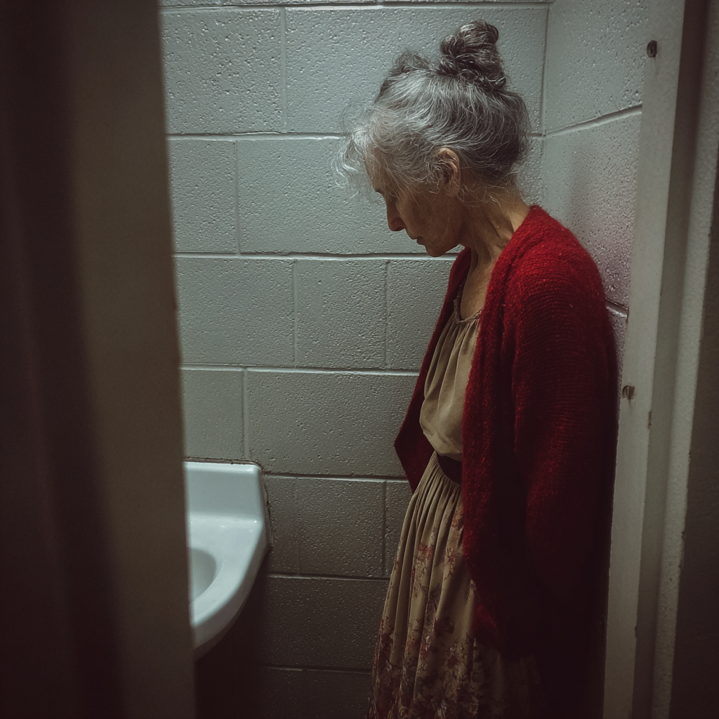 Una anciana de pie en un cuarto de baño y mirando al suelo | Fuente: Midjourney