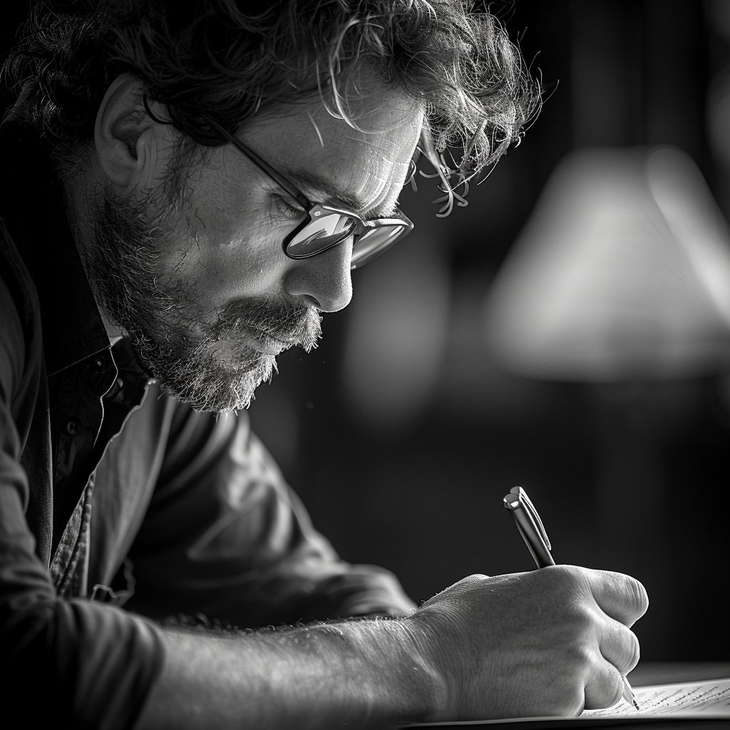 Foto en escala de grises de un hombre escribiendo una carta | Fuente: Midjourney