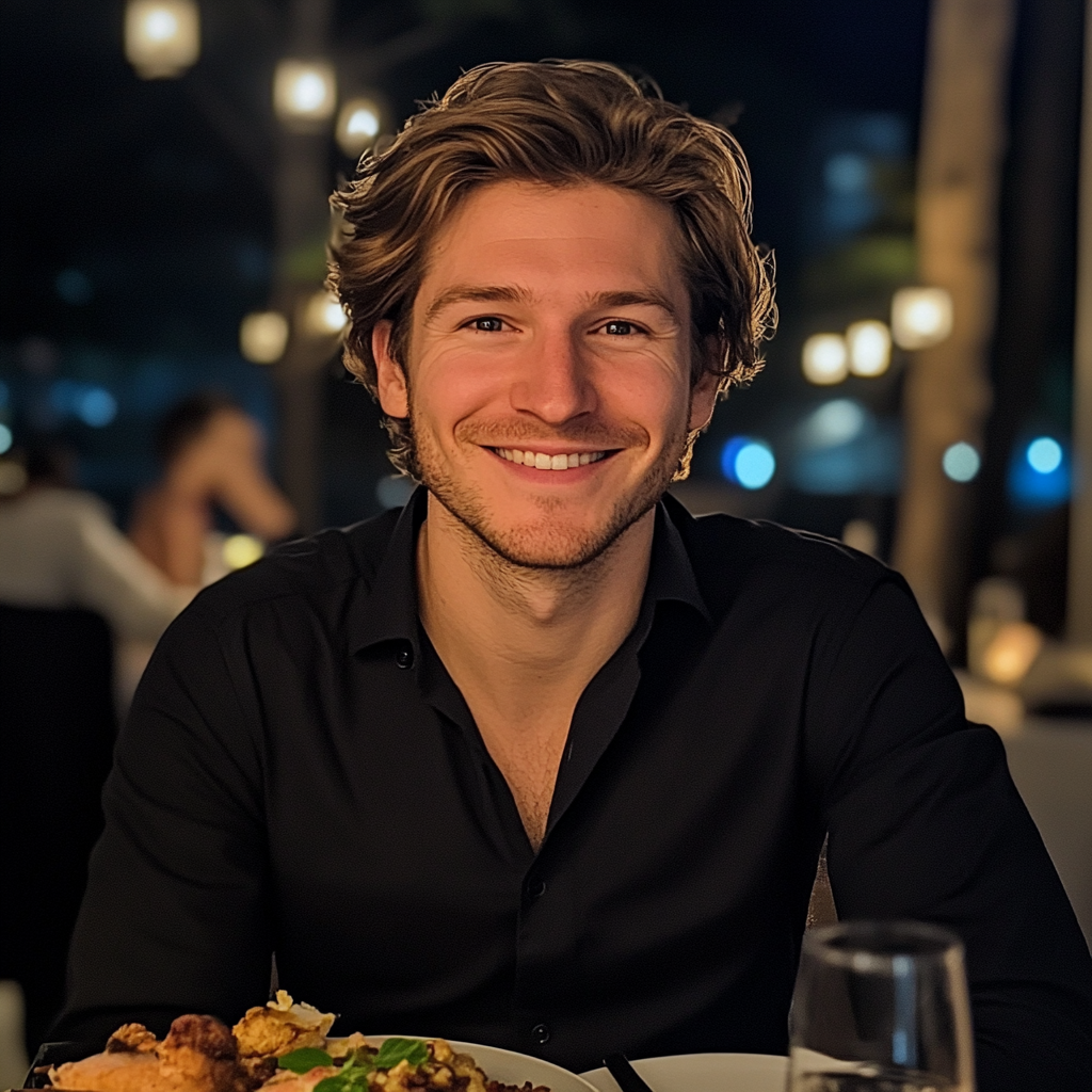 Un hombre sonriente sentado a la mesa | Fuente: Midjourney