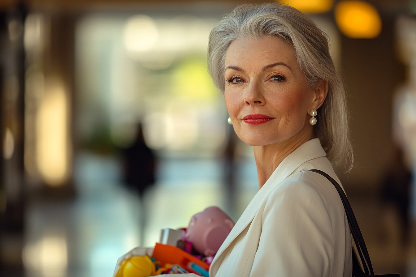 Mujer de unos 60 años caminando por el centro comercial con bolsas de juguetes | Fuente: Midjourney