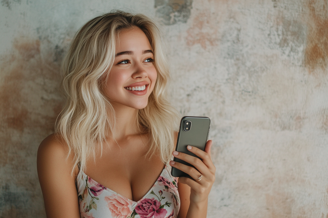 Una mujer sonriente sosteniendo su teléfono | Fuente: Midjourney