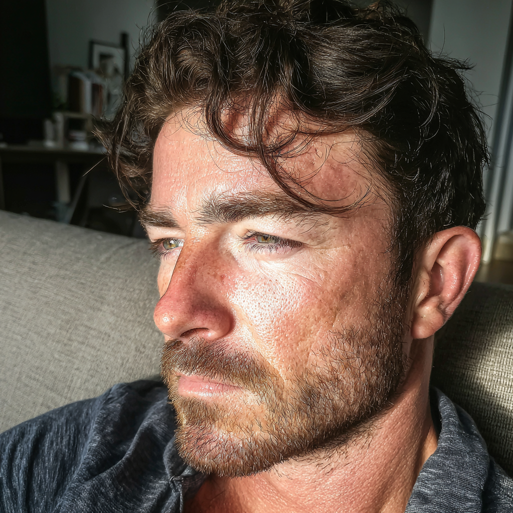 Primo piano di un uomo seduto su un divano | Fonte: Midjourney