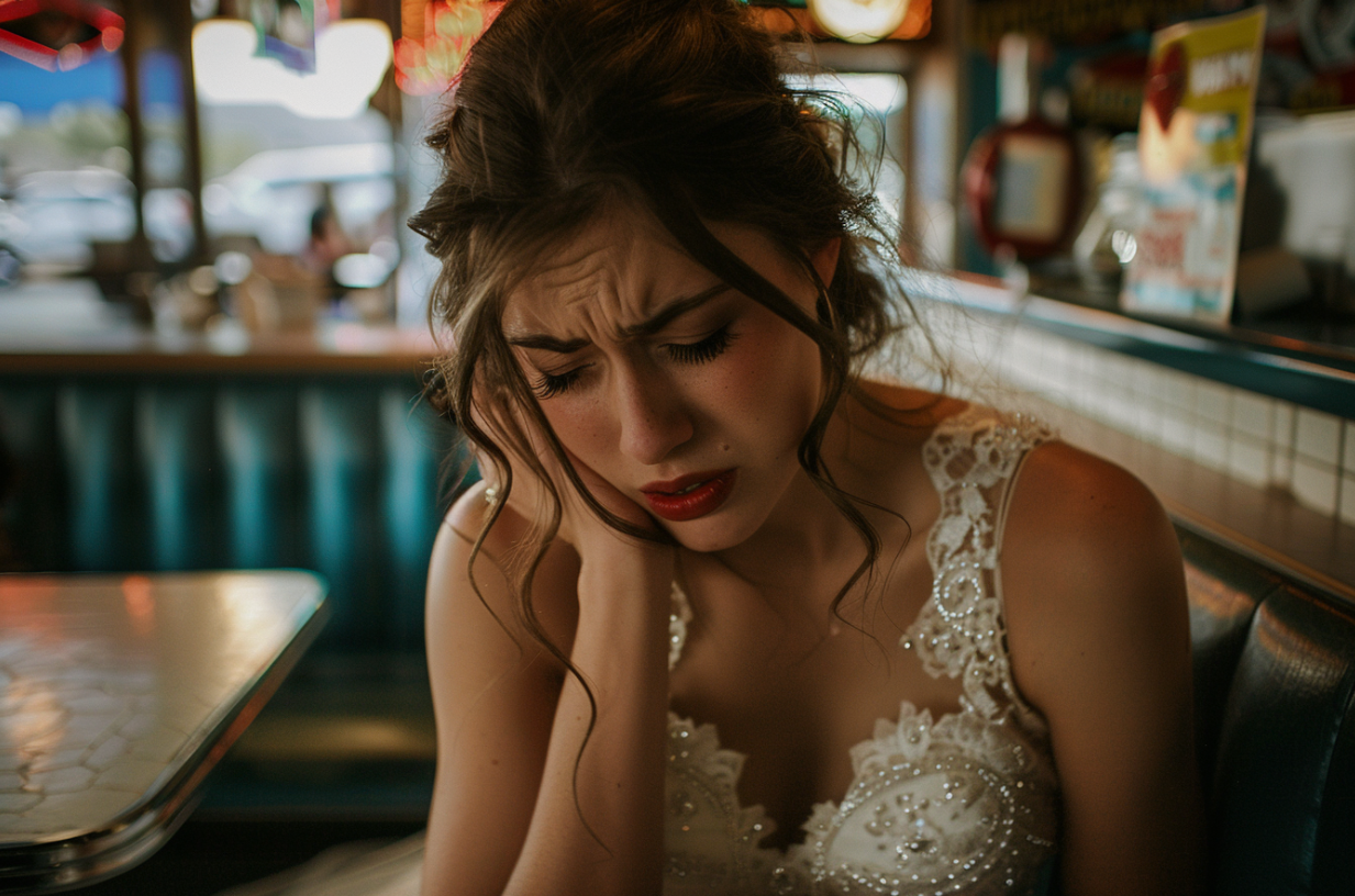 Una novia llorando en una cafetería | Fuente: MidJourney