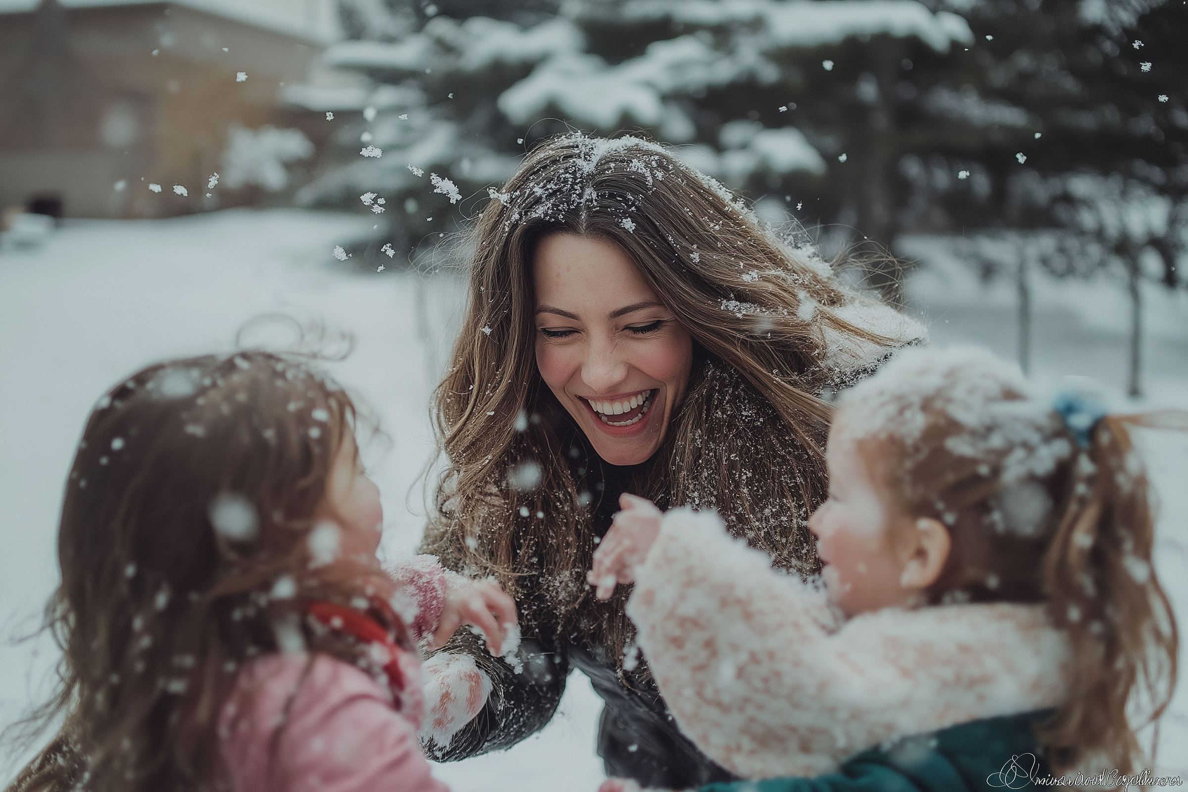 Una mujer y sus hijos divirtiéndose en la nieve | Fuente: Midjourney