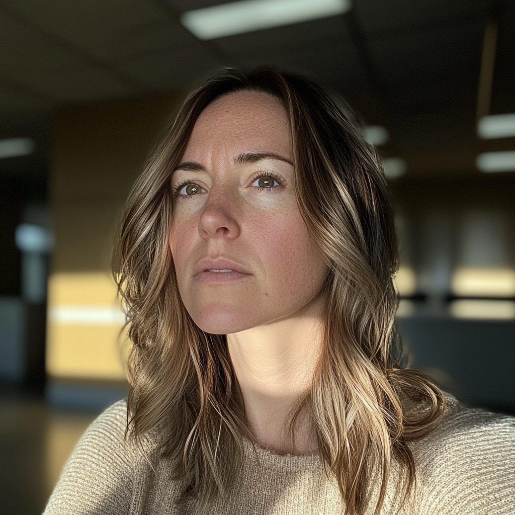 Una mujer emocionada en una sala de descanso del trabajo | Fuente: Midjourney