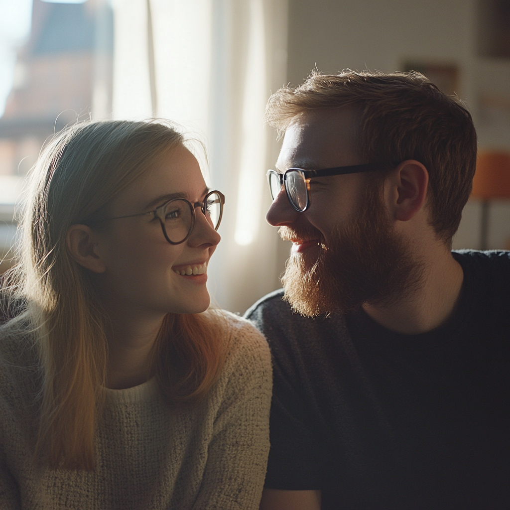 Una pareja feliz hablando | Fuente: Midjourney