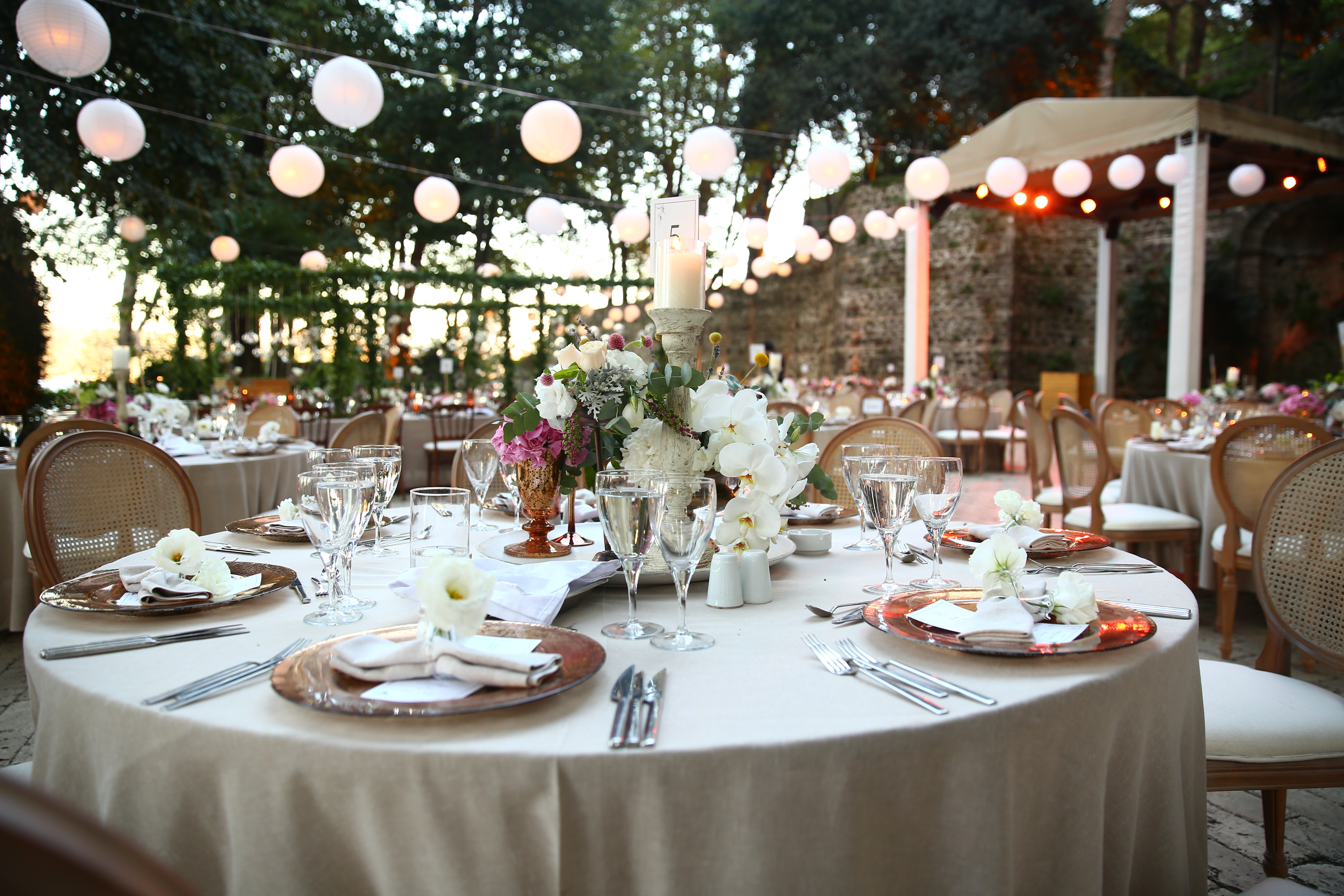 Una mesa de boda de color blanco y madera decorada para una boda | Fuente: Shutterstock