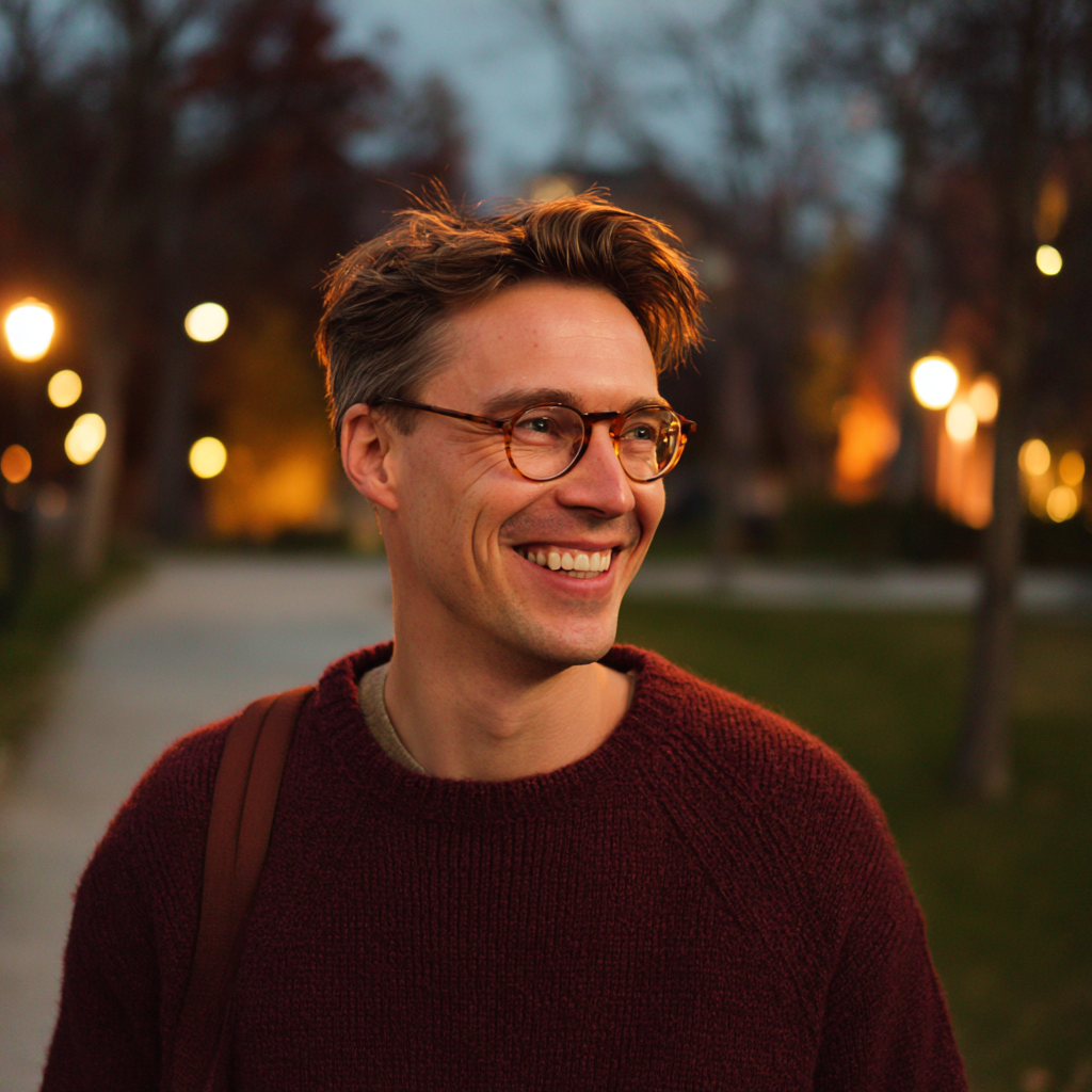 Un hombre sonriente paseando por un parque | Fuente: Midjourney