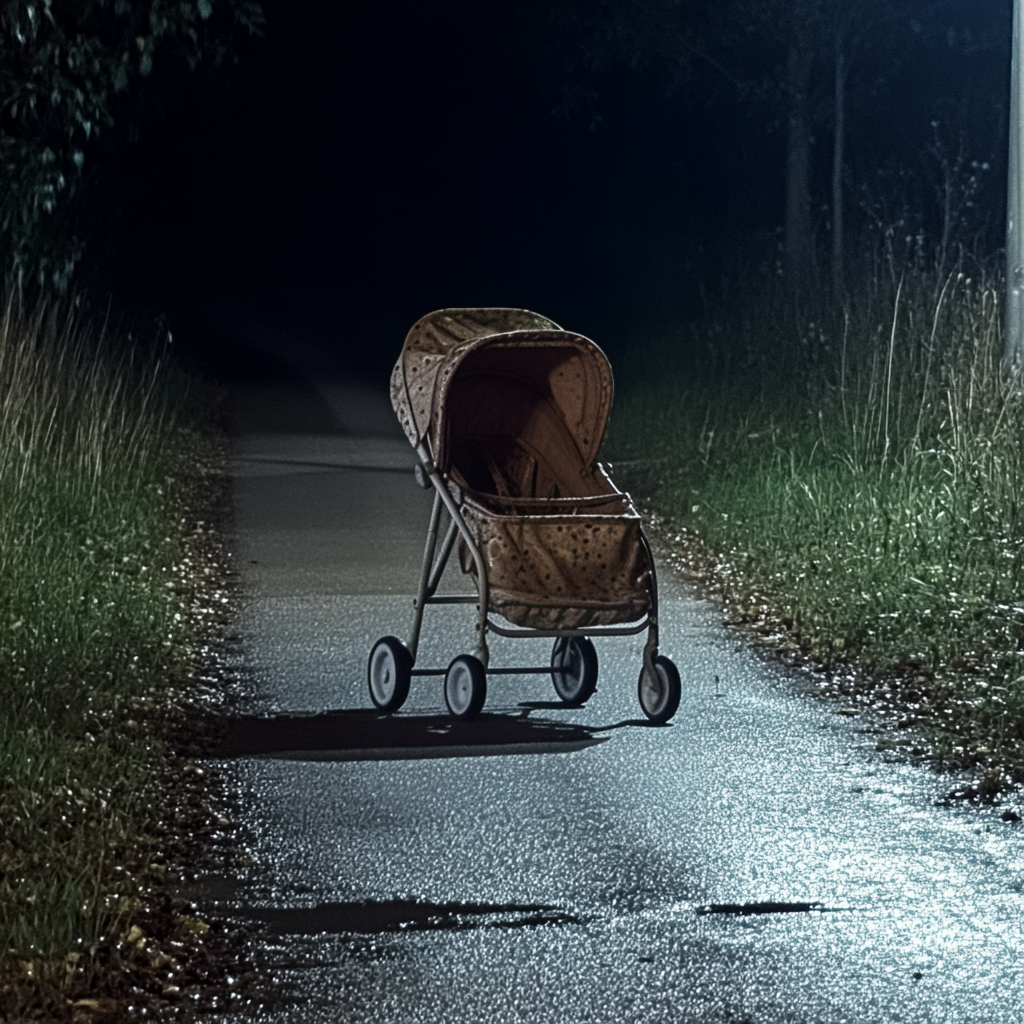 Un cochecito abandonado en la carretera por la noche | Fuente: Midjourney