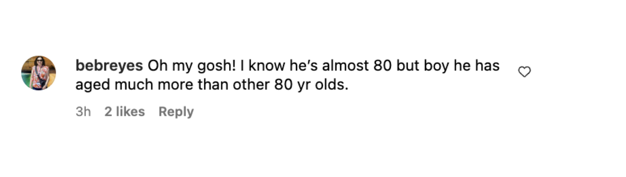 "¡Dios mío! Sé que casi tiene 80 años, pero ha envejecido mucho más que otros octogenarios" | Comentario de un usuario sobre Michael Douglas, publicado el 4 de julio de 2024 | Fuente: Instagram/michaelkirkdouglas