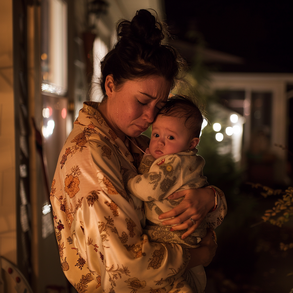 Una mujer asustada y alterada frente a una casa con su hijo pequeño a altas horas de la noche | Fuente: Midjourney