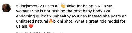 "¡Aplaudamos todos a Blake por ser una mujer NORMAL! Ella no corre a recuperar el cuerpo anterior apoyando rutinas rápidas poco sanas. En cambio, postea una foto en bikini sin filtros al natural. ¡Qué gran modelo para todos!" | Comentarios sobre Blake Lively | Foto: Instagram.com/blakelively