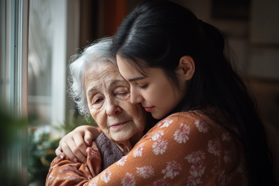 Una mujer abraza a su abuela | Fuente: Midjourney