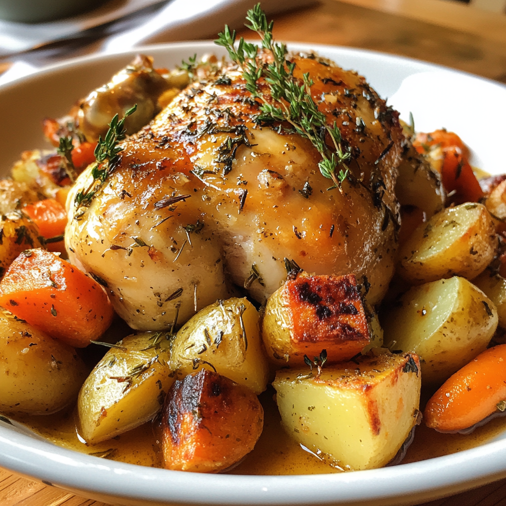 Un pollo asado con verduras | Fuente: Midjourney