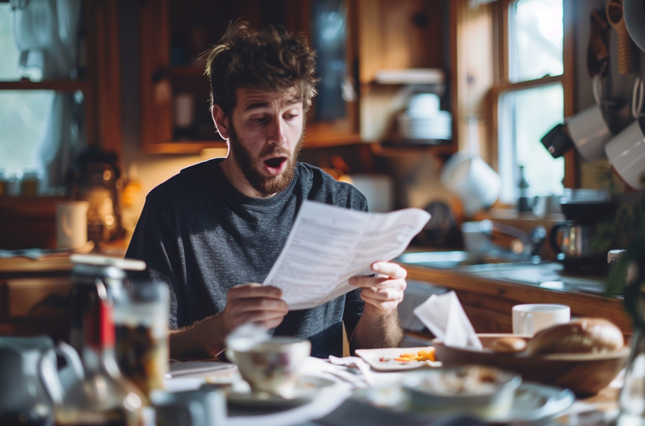 Un hombre leyendo una lista en estado de shock | Fuente: MidJourney