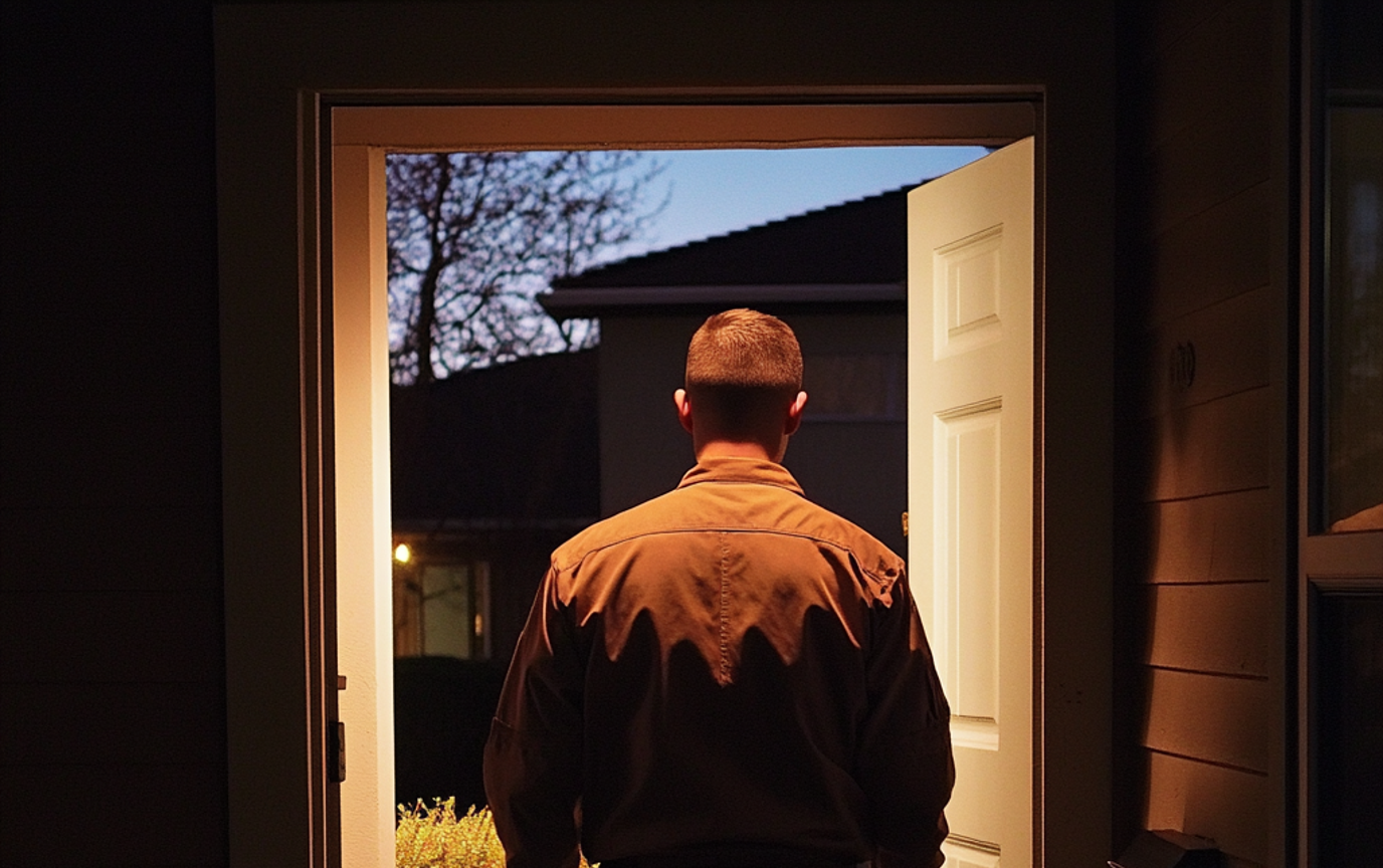 Un hombre saliendo de una casa | Fuente: Midjourney