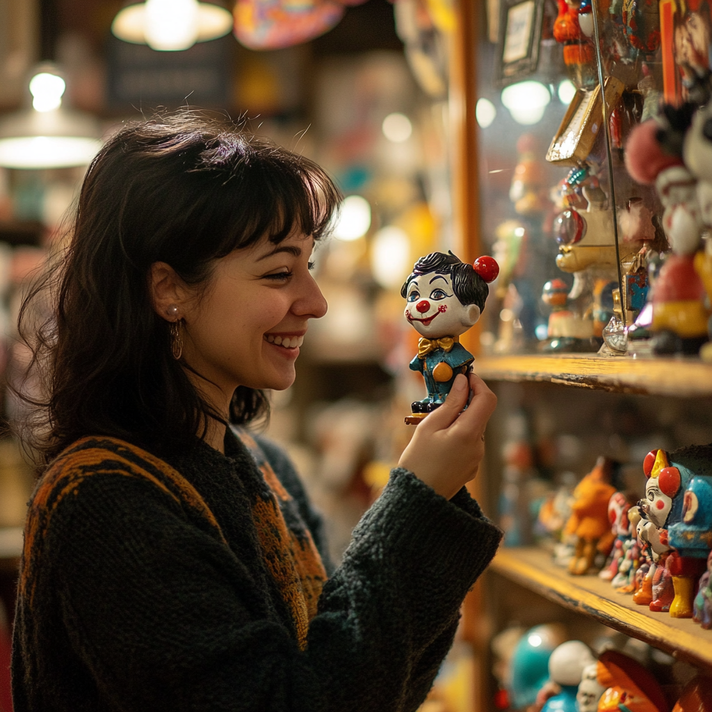 Una mujer sonríe al ver una figurita de payaso en una tienda. | Fuente: Midjourney