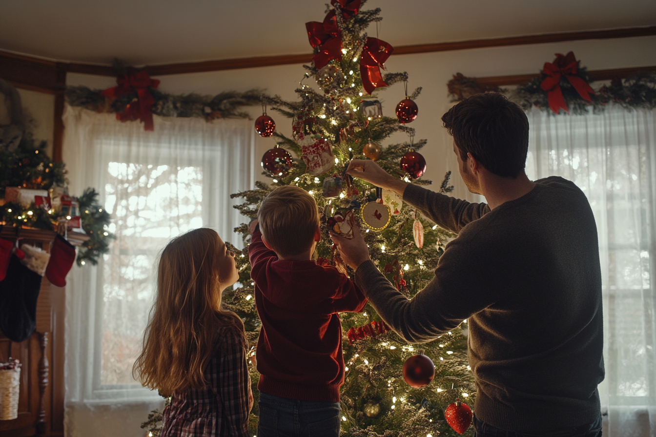 Un hombre y dos niños decorando un árbol de Navidad | Fuente: Midjourney