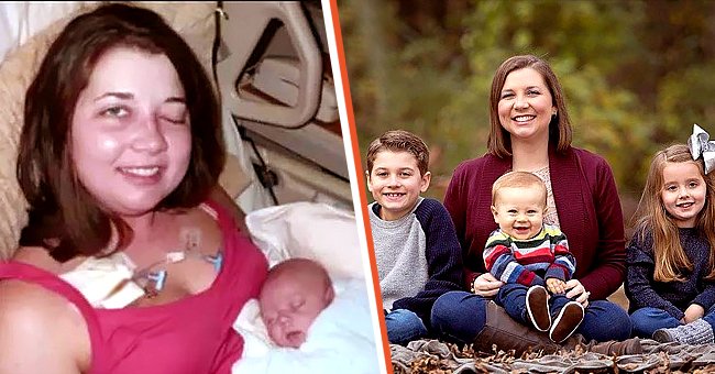 Ashley Hallford en el hospital con uno de sus hijos cuando era bebé [izquierda]; Ashley Hallford con sus tres hijos [derecha]. | Foto: Twitter/wbir - Facebook.com/ashley.m.hallford
