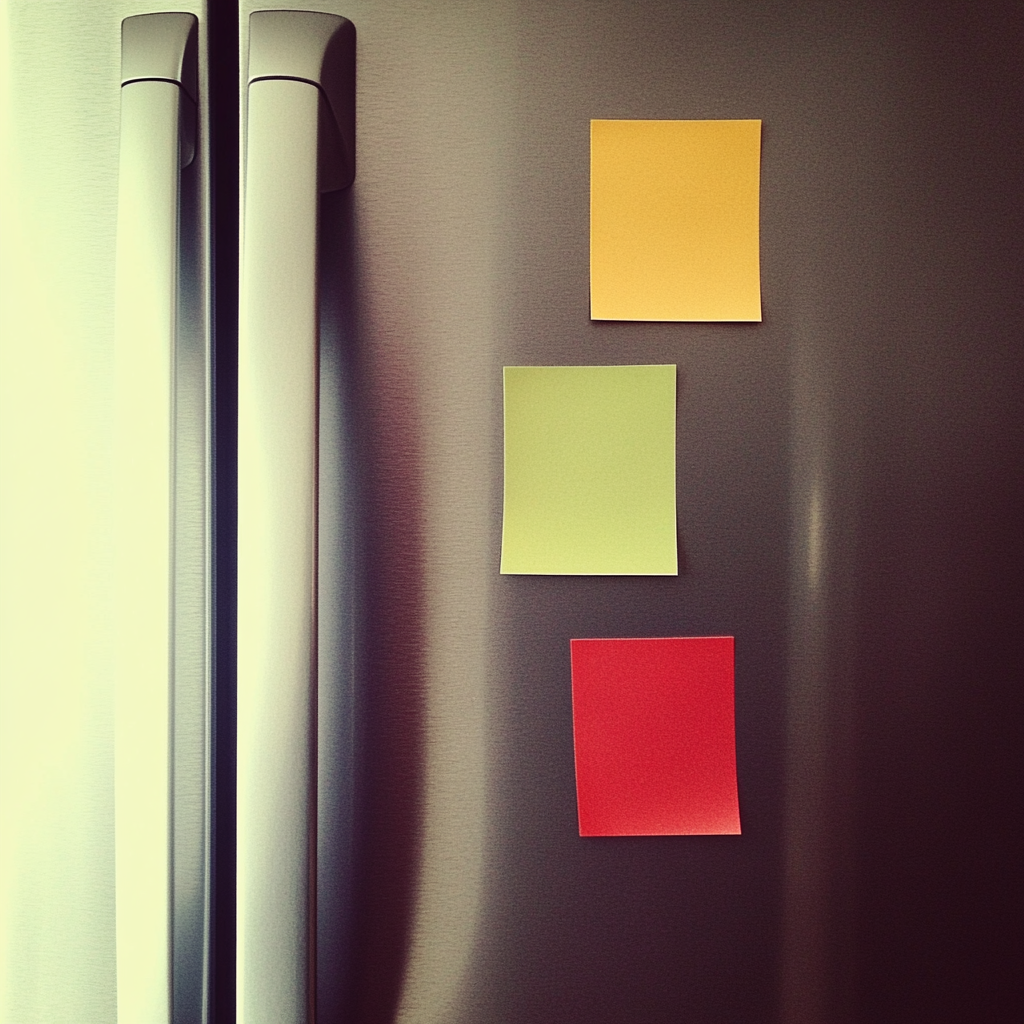 Notas adhesivas de colores en una nevera | Fuente: Midjourney