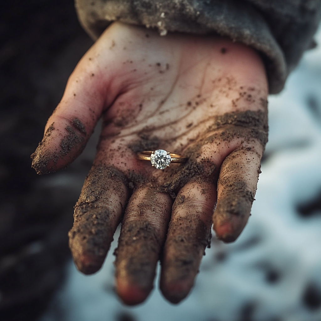 Primer plano de una mujer sujetando un anillo de diamantes | Fuente: Midjourney