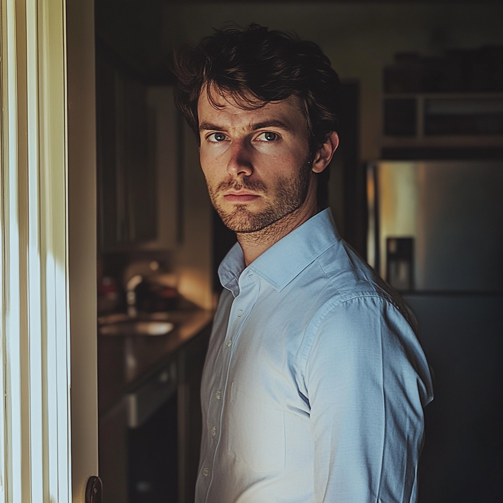 Un hombre preocupado de pie en una cocina con una camisa formal | Fuente: Midjourney