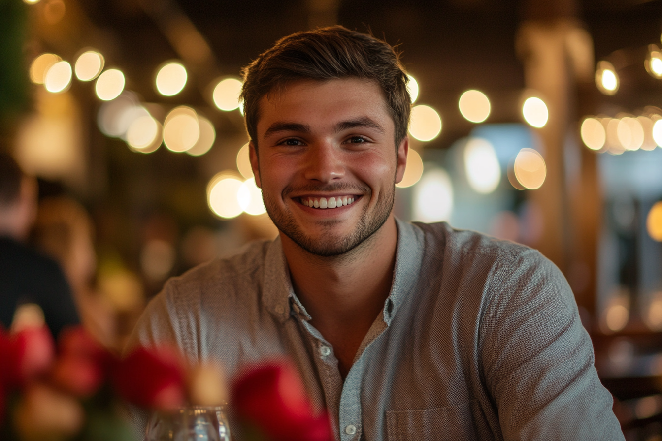 Un hombre en un restaurante sonriendo a su cita | Fuente: Midjourney