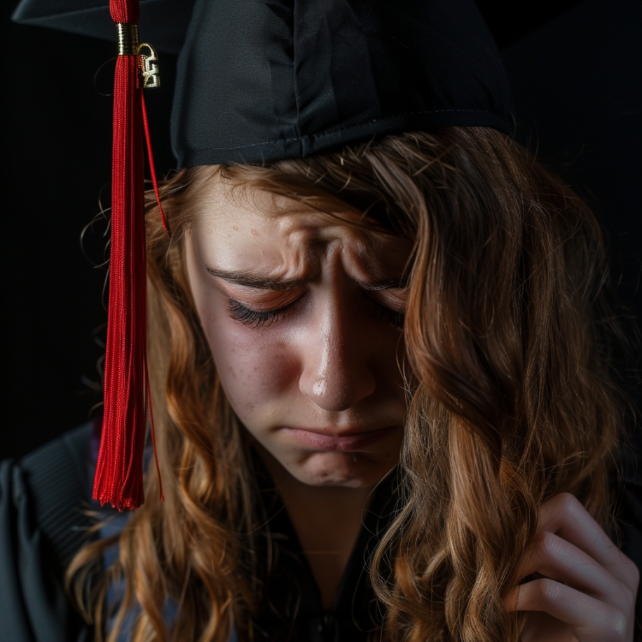 Una joven con toga y birrete de graduación llorando | Fuente: Midjourney