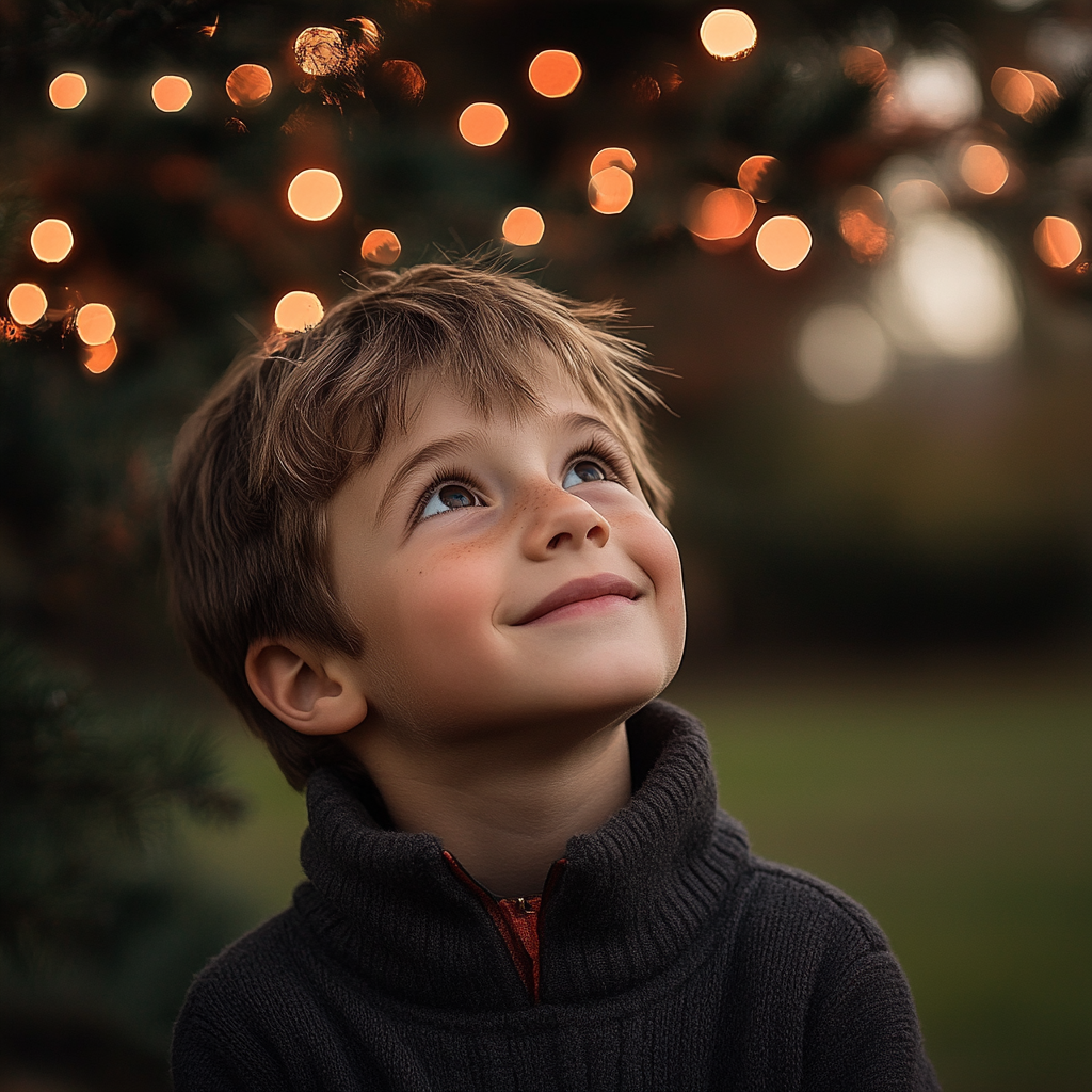 Un niño alegre mirando hacia arriba | Fuente: Midjourney