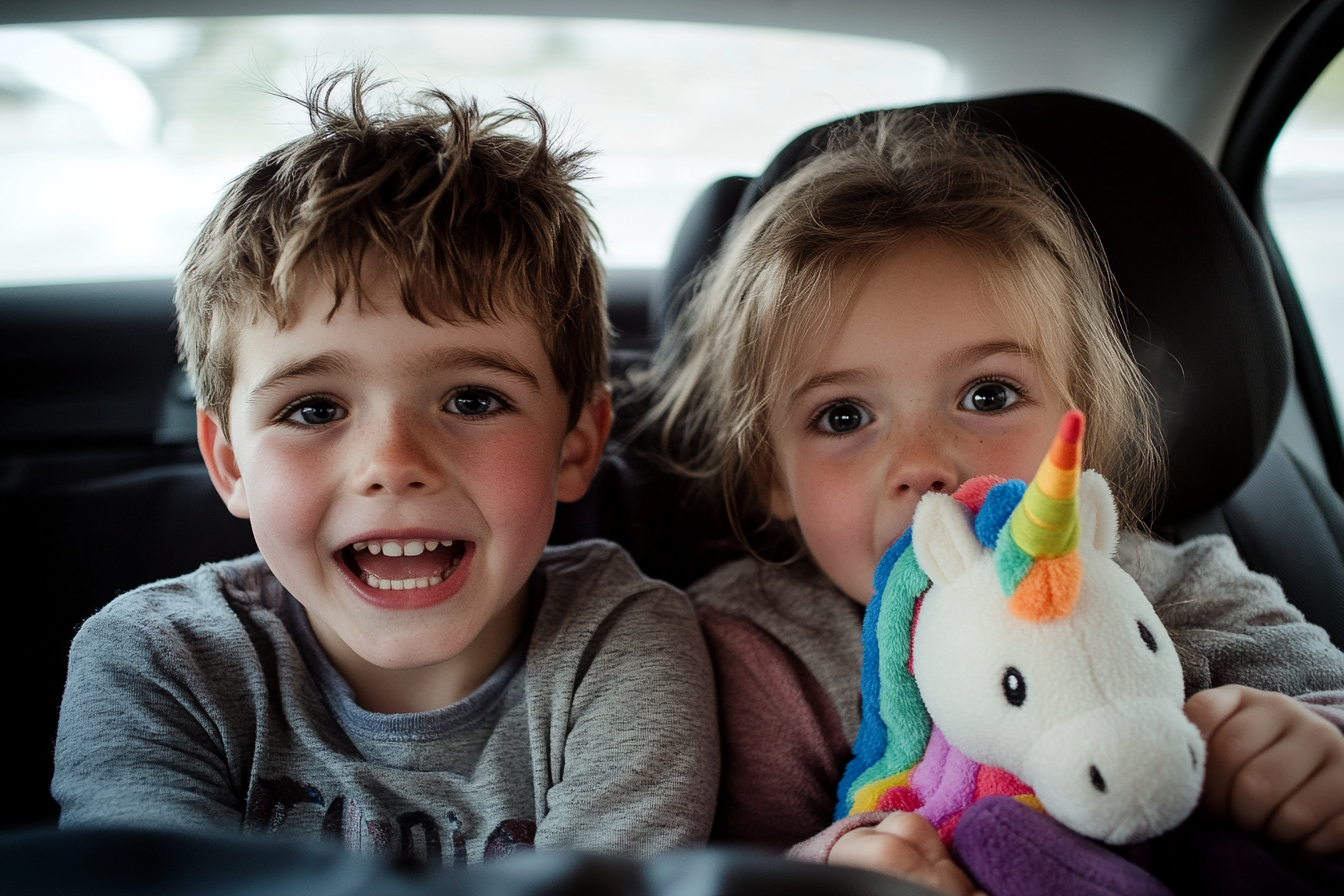 Dos niños hablando en el asiento trasero de un Automóvil | Fuente: Midjourney