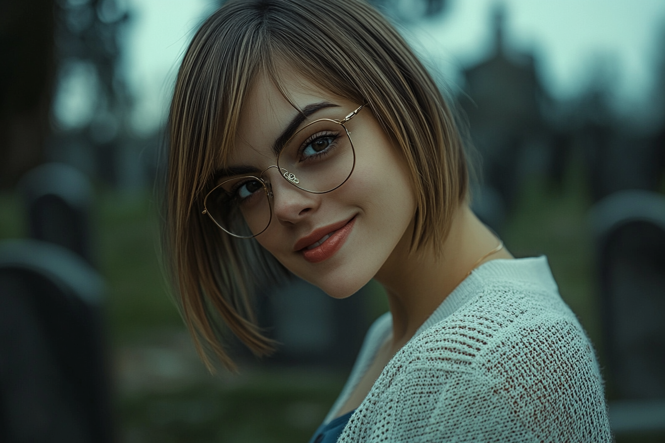 Una mujer de pie en un cementerio, sonriendo | Fuente: Midjourney