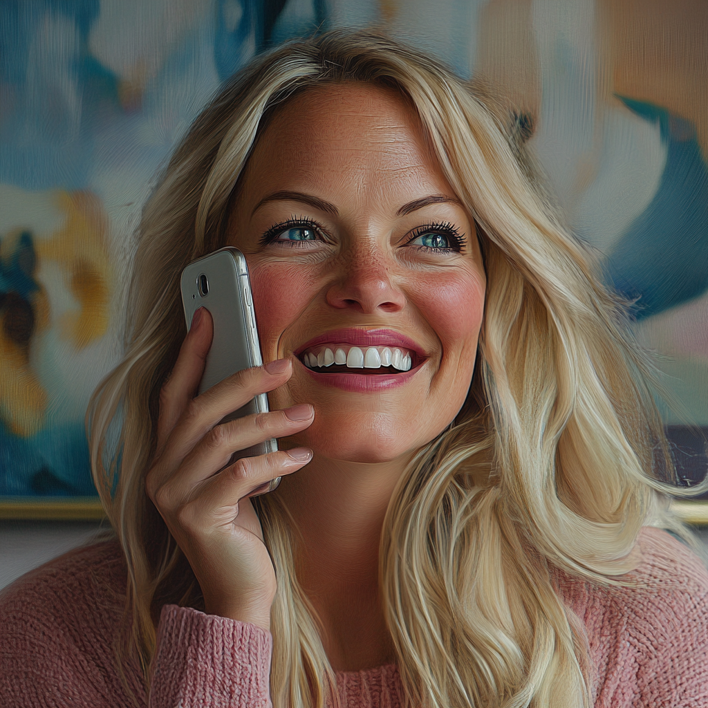 Una mujer sonriente hablando por teléfono | Fuente: Midjourney