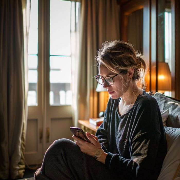 Una mujer utilizando su teléfono mientras está sentada en una habitación | Fuente: Midjourney