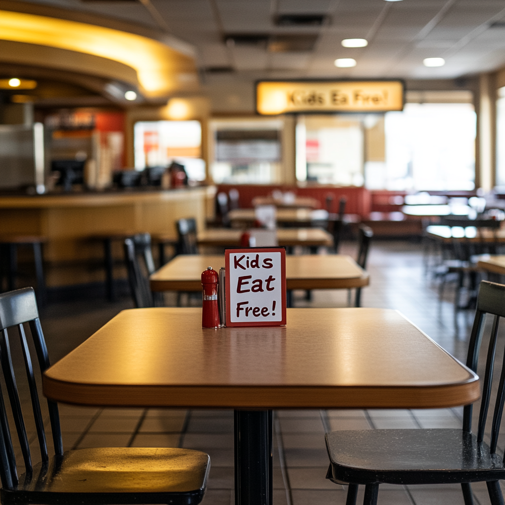 Restaurante vacío con el cartel "Los niños comen gratis" | Fuente: Midjourney