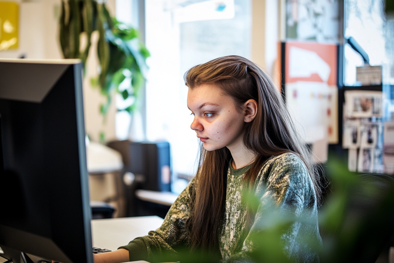 Una adolescente trabajando en una oficina | Fuente: Midjourney