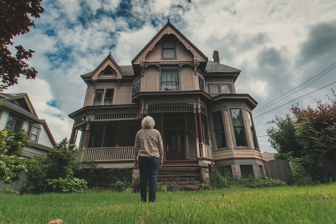 Una mujer mirando el tejado de una casa antigua | Fuente: Midjourney