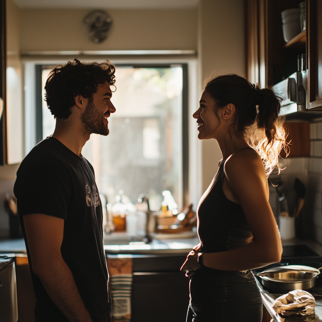 Una pareja de pie en la cocina y hablando | Fuente: Midjourney