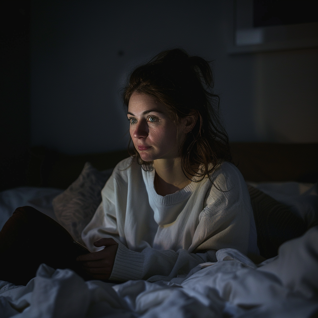 Mujer sentada en la cama por la noche, contemplando | Fuente: Midjourney