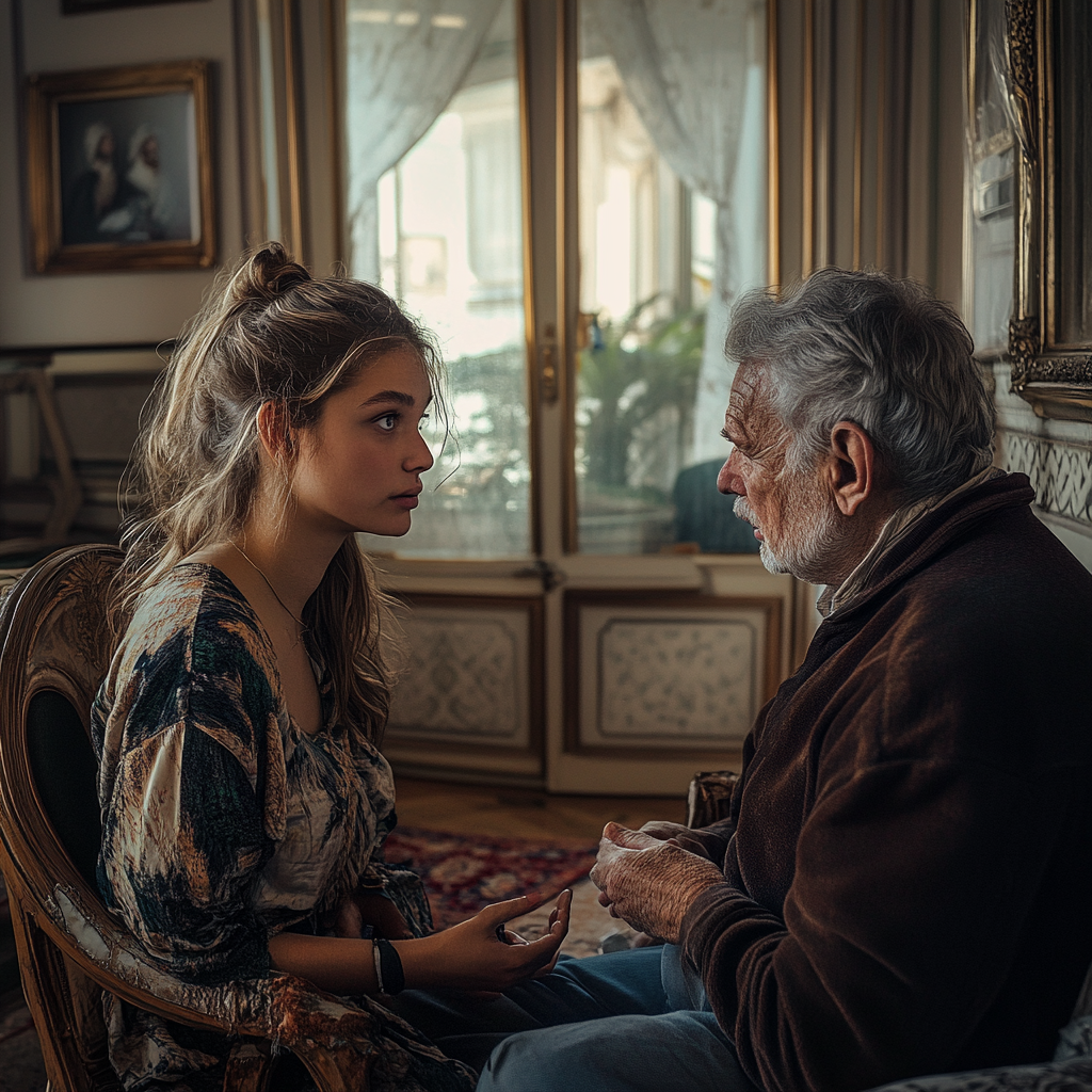 Un hombre mayor y una mujer joven manteniendo una conversación | Fuente: Midjourney