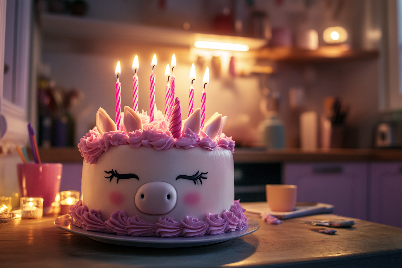 Un Pastel de cumpleaños de unicornio sobre la mesa | Fuente: Midjourney