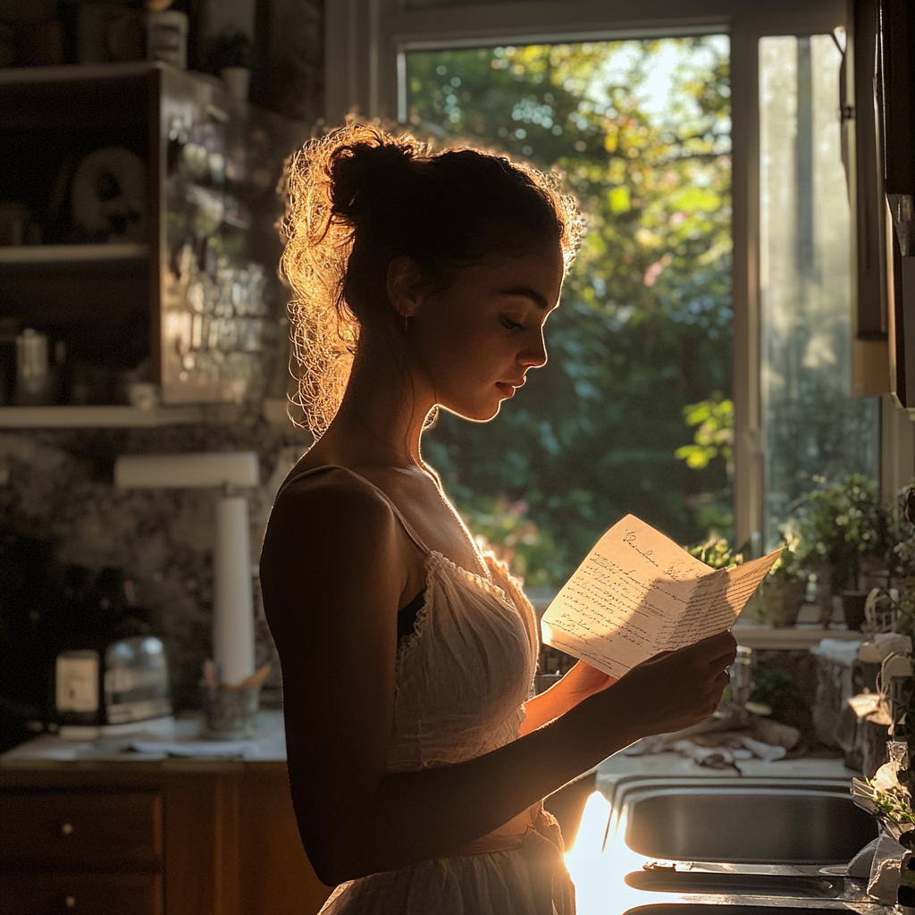 Mujer leyendo una carta en su cocina | Fuente: Midjourney