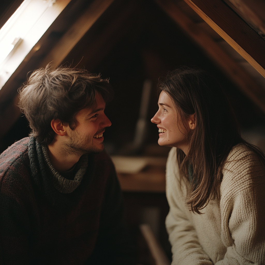 Una pareja hablando en el ático | Fuente: Midjourney