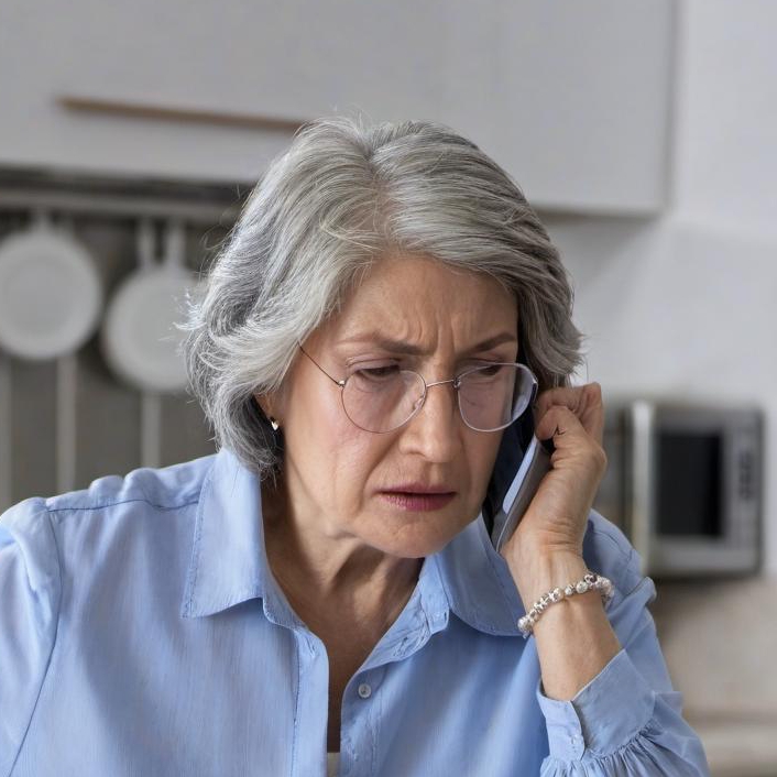 Una anciana hablando por el móvil en la cocina, con cara de arrepentimiento | Fuente: Midjourney