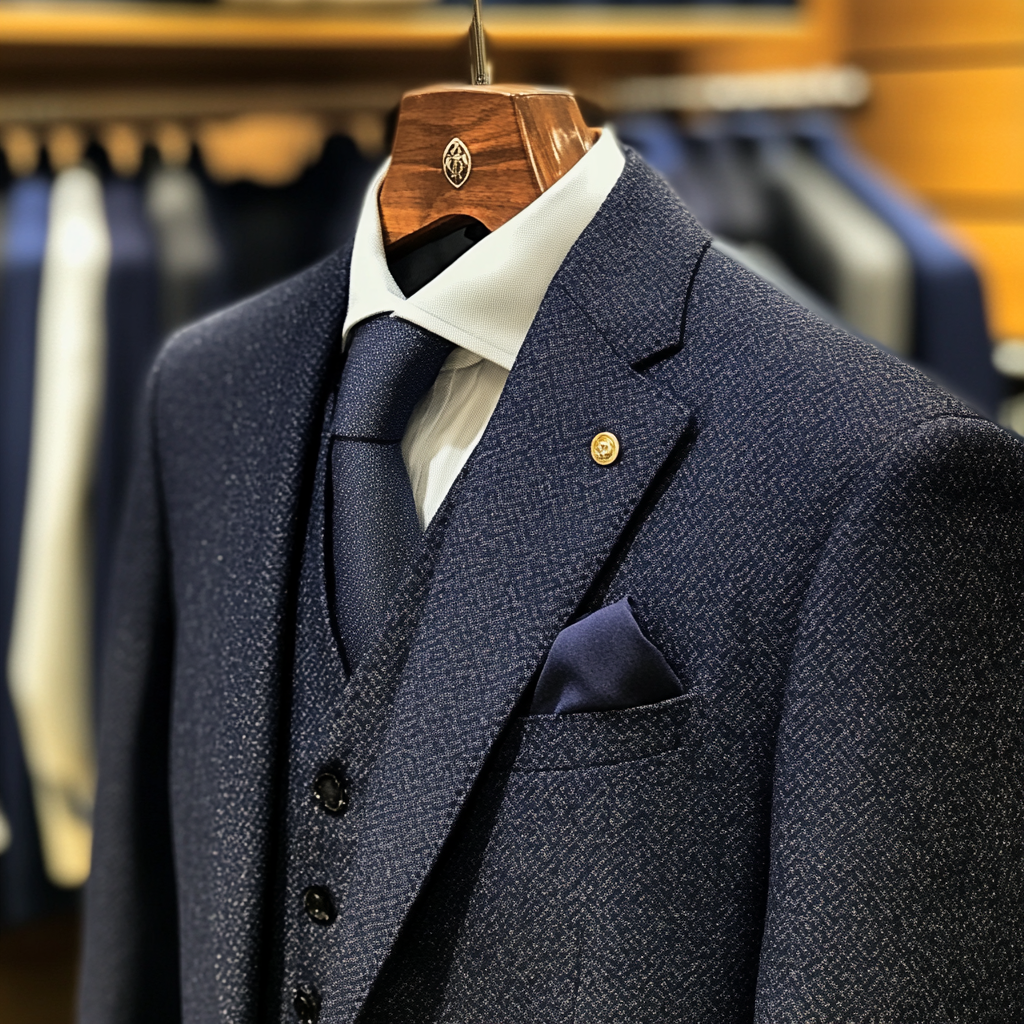 Un traje azul marino en una percha | Fuente: Midjourney