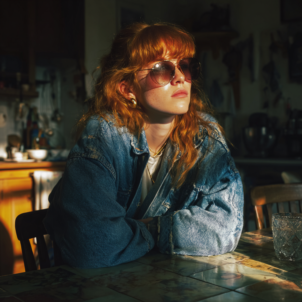 Una mujer pensativa sentada a una mesa | Fuente: Midjourney