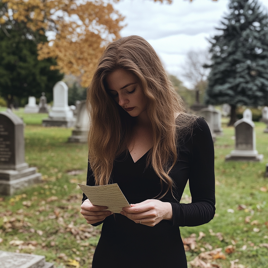 Una mujer leyendo una nota en un cementerio | Fuente: Midjourney