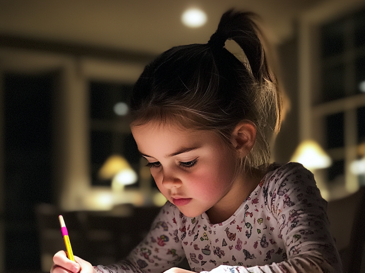 Una niña sentada a la mesa de la cocina | Fuente: Midjourney