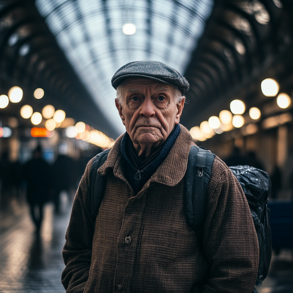 Un anciano esperando su tren | Fuente: Midjourney