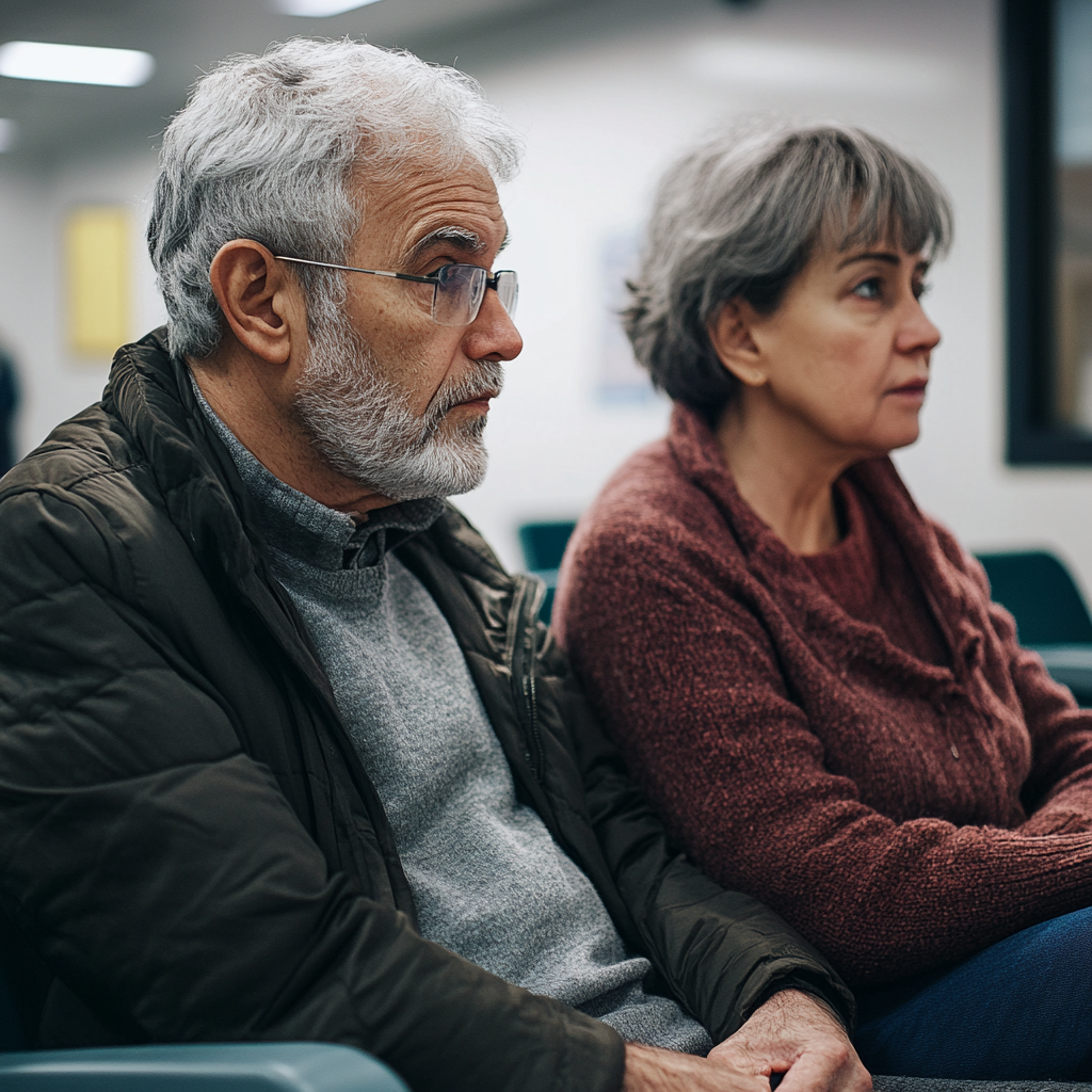 Una pareja desolada en la sala de espera de un hospital | Fuente: Midjourney